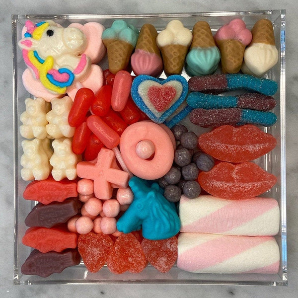 Unicorn Themed Candy Charcuterie Board in Lucite Acrylic Tray 4”, 6”, 8”, 10”, or 12” *Personalization Available!*