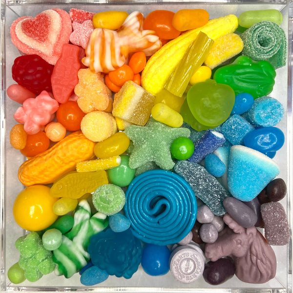 Rainbow Candy Charcuterie Board in Lucite Acrylic Tray